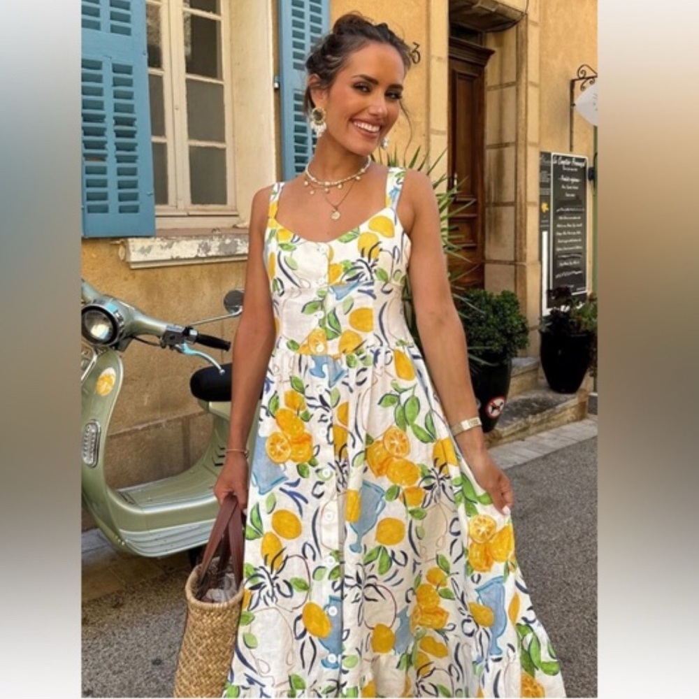 Zara Lemon Floral Print Linen Blend Midi Dress
